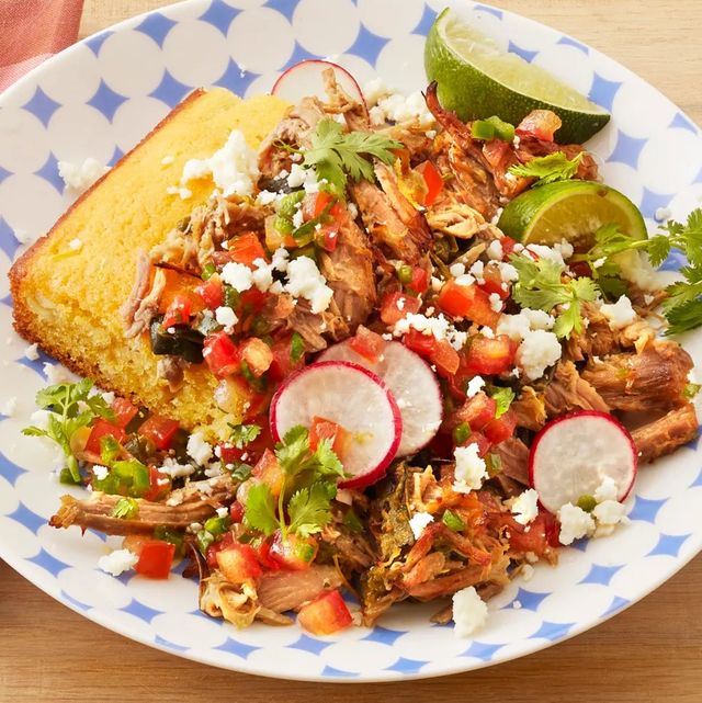 pulled pork over cornbread with radishes and limes