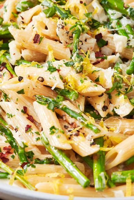 lemon asparagus penne pasta topped with red chili flakes and parmesan