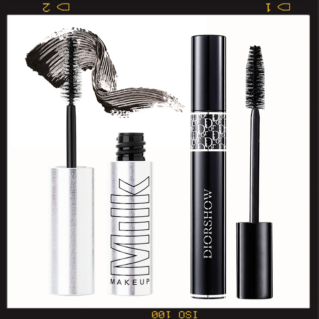 a woman on the left applying mascara and looking in a compact mirror, and on a white background on the right are milk makeup mascara and dior diorshow mascara