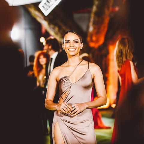 The Academy Museum Of Motion Pictures Opening Gala - Arrivals leslie grace poses in a taupe cutout gown