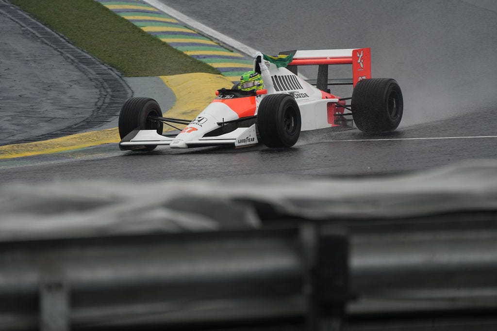 Rain Can't Stop Lewis Hamilton From Driving Senna's 1990 Championship Winning McLaren at Interlagos