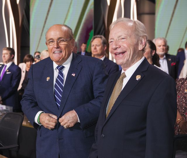 rudy giuliani, joe lieberman, duress, albania 13072019   the annual free iran conference for the first time at ashraf 3, the headquarters of the peoples mojahedin organization of iran mujahedin e khalq, mek or pmoi on july 13, 2019, near duress in albania former new york mayor rudy giuliani¬†and senator joe lieberman during the iranian opposition annual meeting photo by siavosh hosseininurphoto via getty images