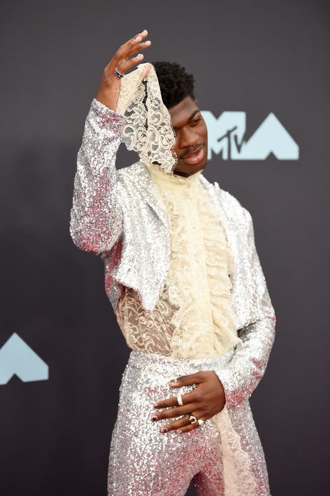 Lil Nas X Wears Sparkly SIlver Suit and Ruffled Shirt to 2019 MTV VMAs