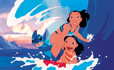 lilo and stitch, with the duo and nani surfing a wave on a board