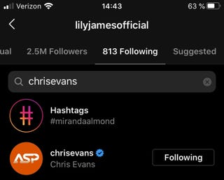 lily james following chris evans on her account