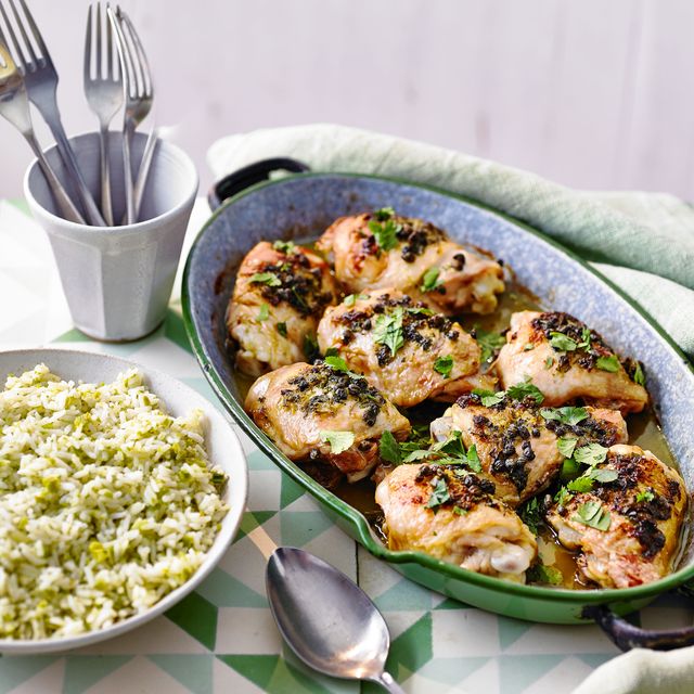 lime and caper chicken with green rice