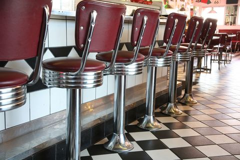 A line up of red diner style chairs