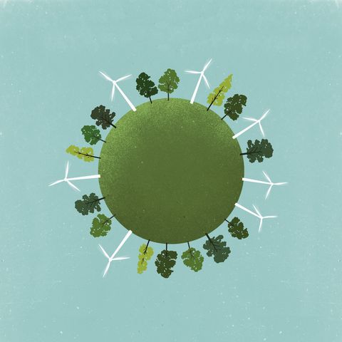little planet image of windmills and trees on field against sky
