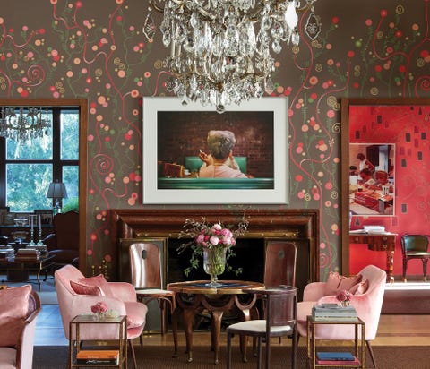 Room, Dining room, Red, Pink, Interior design, Furniture, Wall, Living room, Home, Table, 