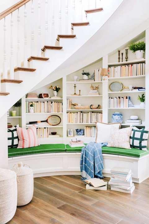 living room ideas, stairwell reading nook with built in bookcases and couch