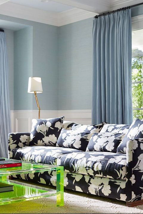 blue floral sofa in contemporary living room