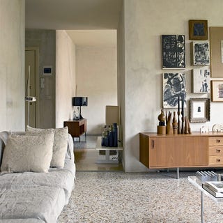 Living room with terrazzo floor and mid-century furniture