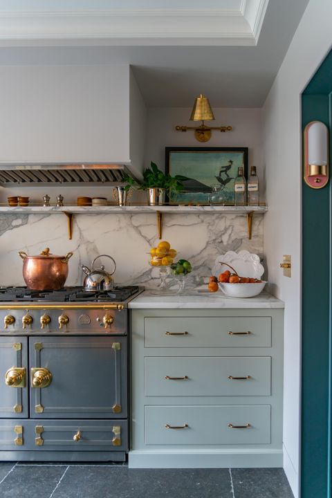 kitchen, blue and green cabinets, dark gray tiling and marble backsplash, marble countertop, renovated by liz caan