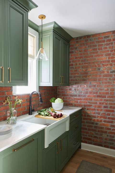 kitchen, brick walls