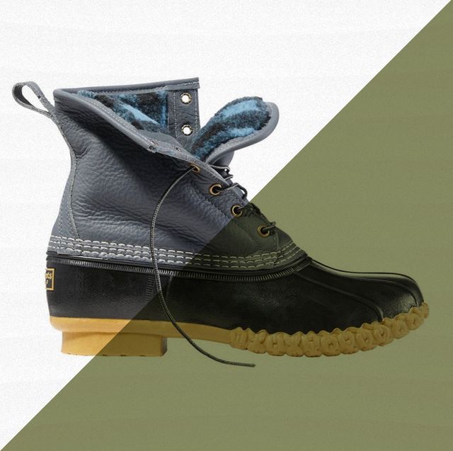 ll bean duck boot in gray against green and white background