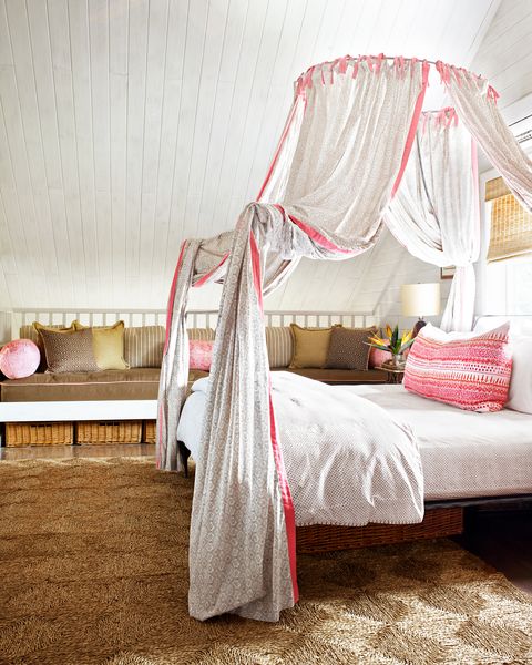 Bed, Furniture, Canopy bed, Bedroom, Room, Product, Pink, Curtain, Interior design, Bedding, 