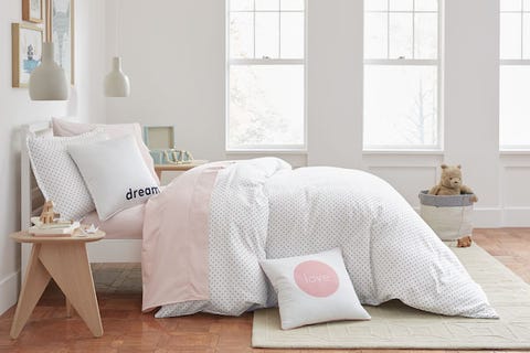 Furniture, Bed sheet, Bedding, Room, Pillow, Bedroom, Interior design, Pink, Floor, Duvet, 