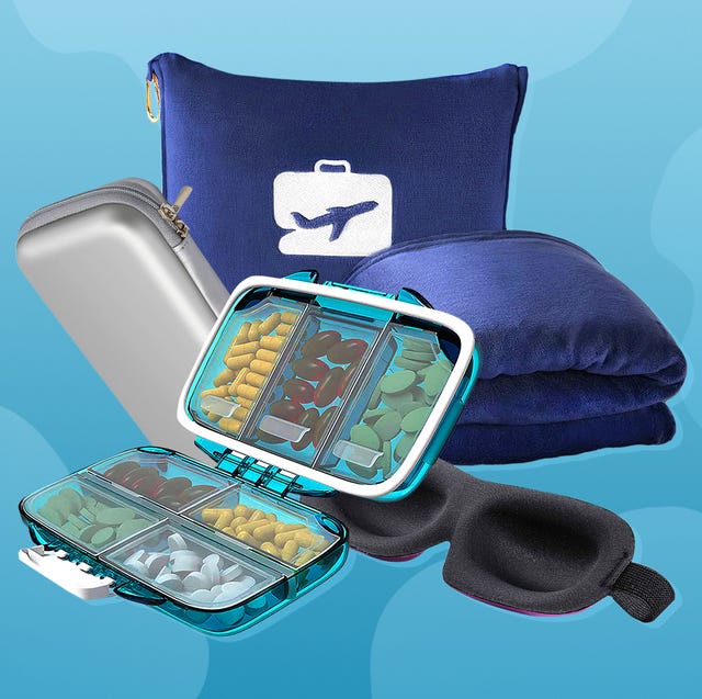 electronics case, travel blanket, sleep mask, travel pill case