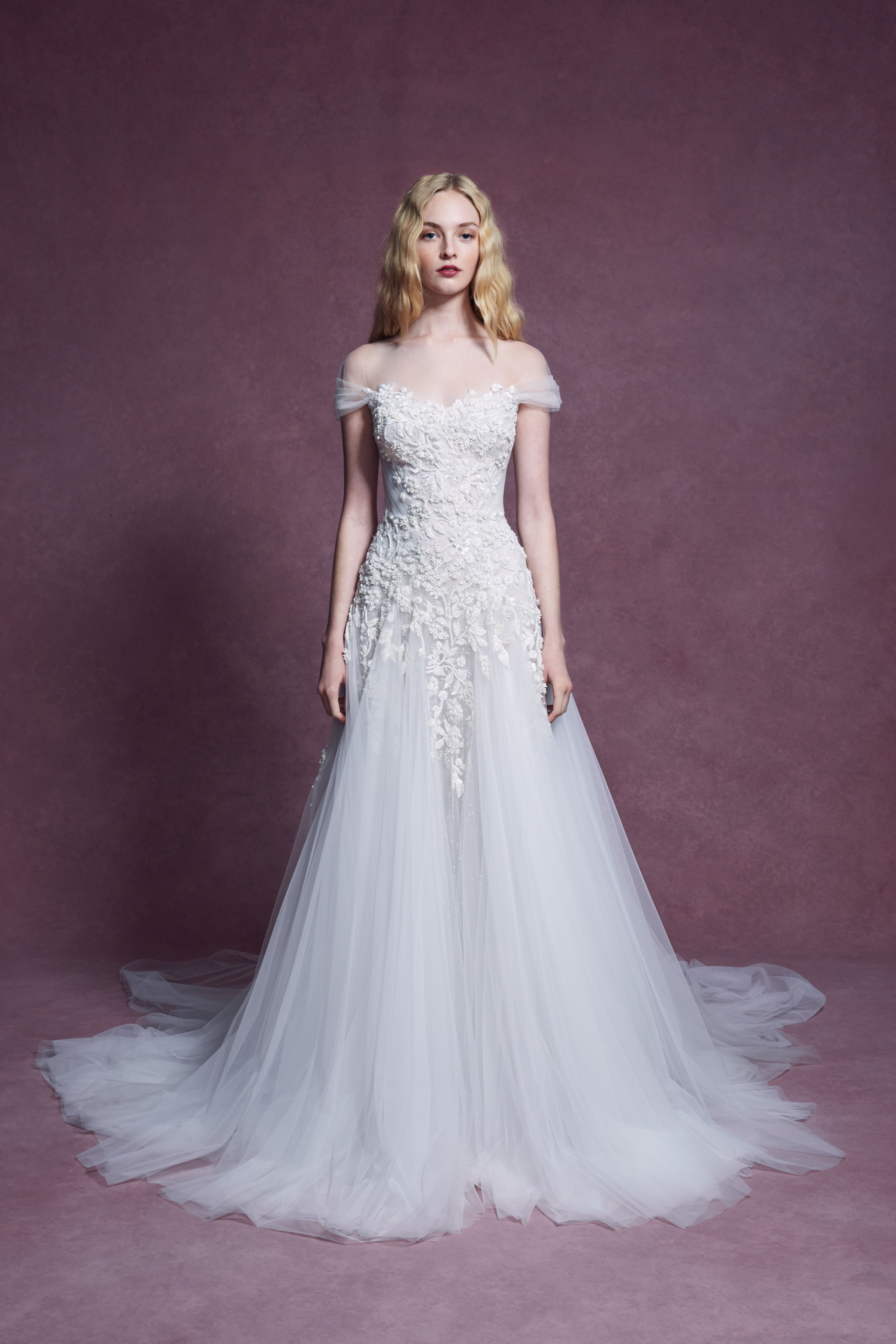 white wedding dress with purple accents