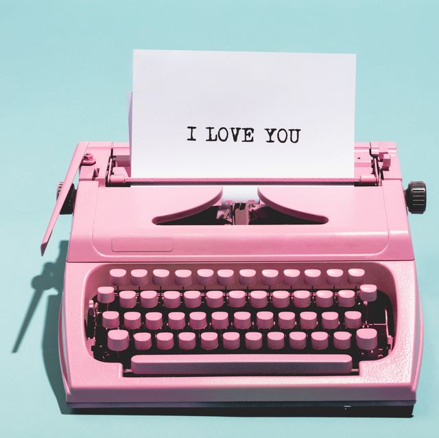 "I love you" writing and pink typewriter.