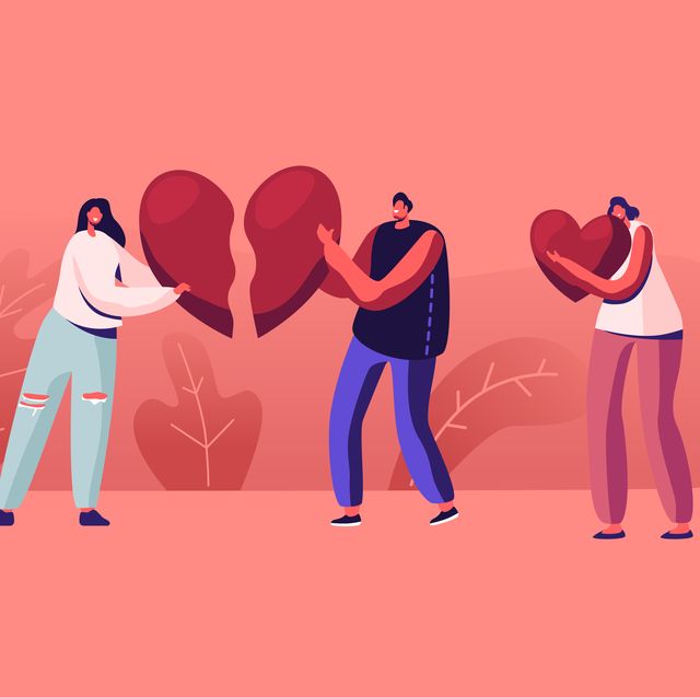 Lovers in End of Loving Relations Concept. Young Man and Woman Pull Apart Broken Heart Parts Blaming Each Other Feel Great Sorrow. Disagreement, Cheating and Parting. Cartoon Flat Vector Illustration