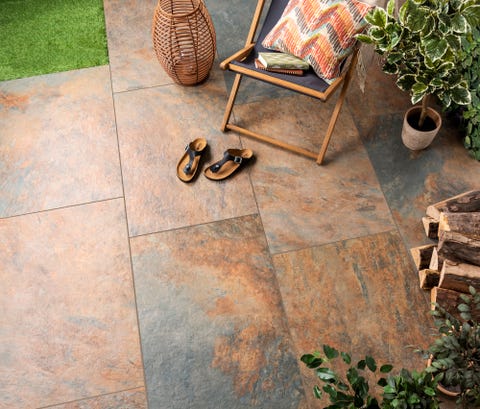 low maintenance garden, minster rustic slate effect slab tiles, walls and floors