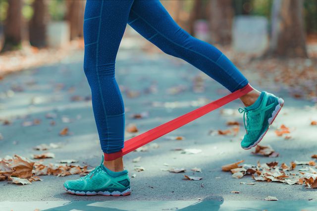 low section of woman exercising with resistance band on road during autumn