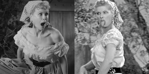 side by side of nicole kidman and lucille ball in the famous grape stomping scene from i love lucy