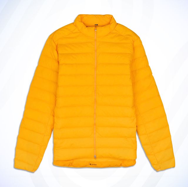 lululemon yellow puffer jacket against blue patterned background