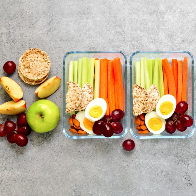 Lunch boxes with healthy snacks, overhead view