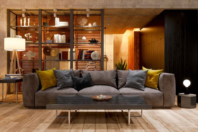 luxury living room at night with sofa, floor lamp and parquet floor