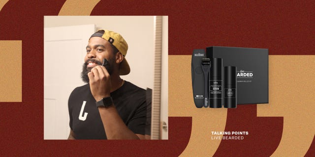 a man using a face roller next to a product image of the live bearded kit