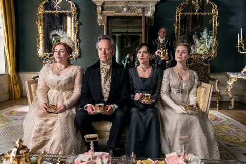 lydia rose bewley as penelope clay, richard e grant as sir walter elliot, dakota johnson as anne elliot, yolanda kettle as elizabeth elliot in persuasion