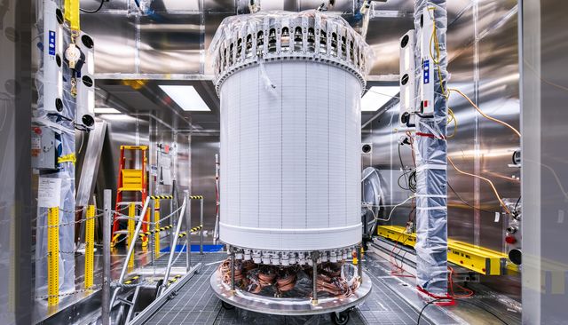 the lz central detector in the clean room at sanford underground research facility after assembly, before beginning its journey underground