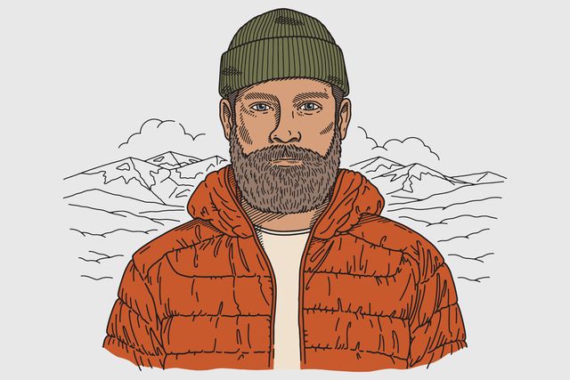 illustration of a man with a beard wearing a beaning and jacket with mountains in the background