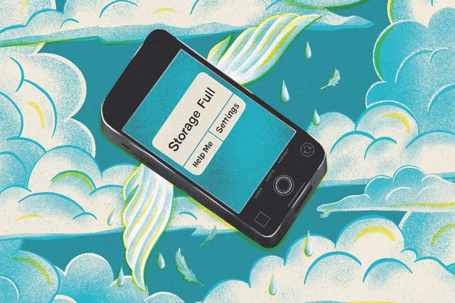 illustration of a phone with a storage full notification on the screen and clouds in the background