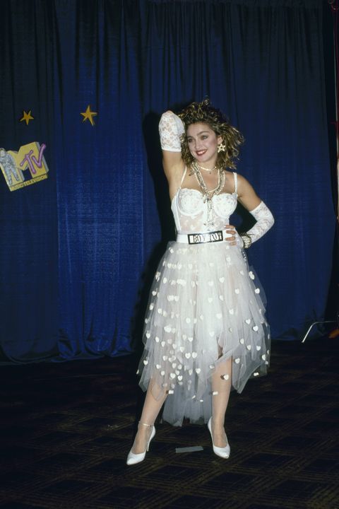 subject subject singer madonna wearing whie lace lingerie and a "boy toy" belt standing with her arms raised to her head at 1st annual mtv awards at tavern on the green new york, ny september 14, 1984photographer  david mcgoughdmitime life ownedmerlin 1151526