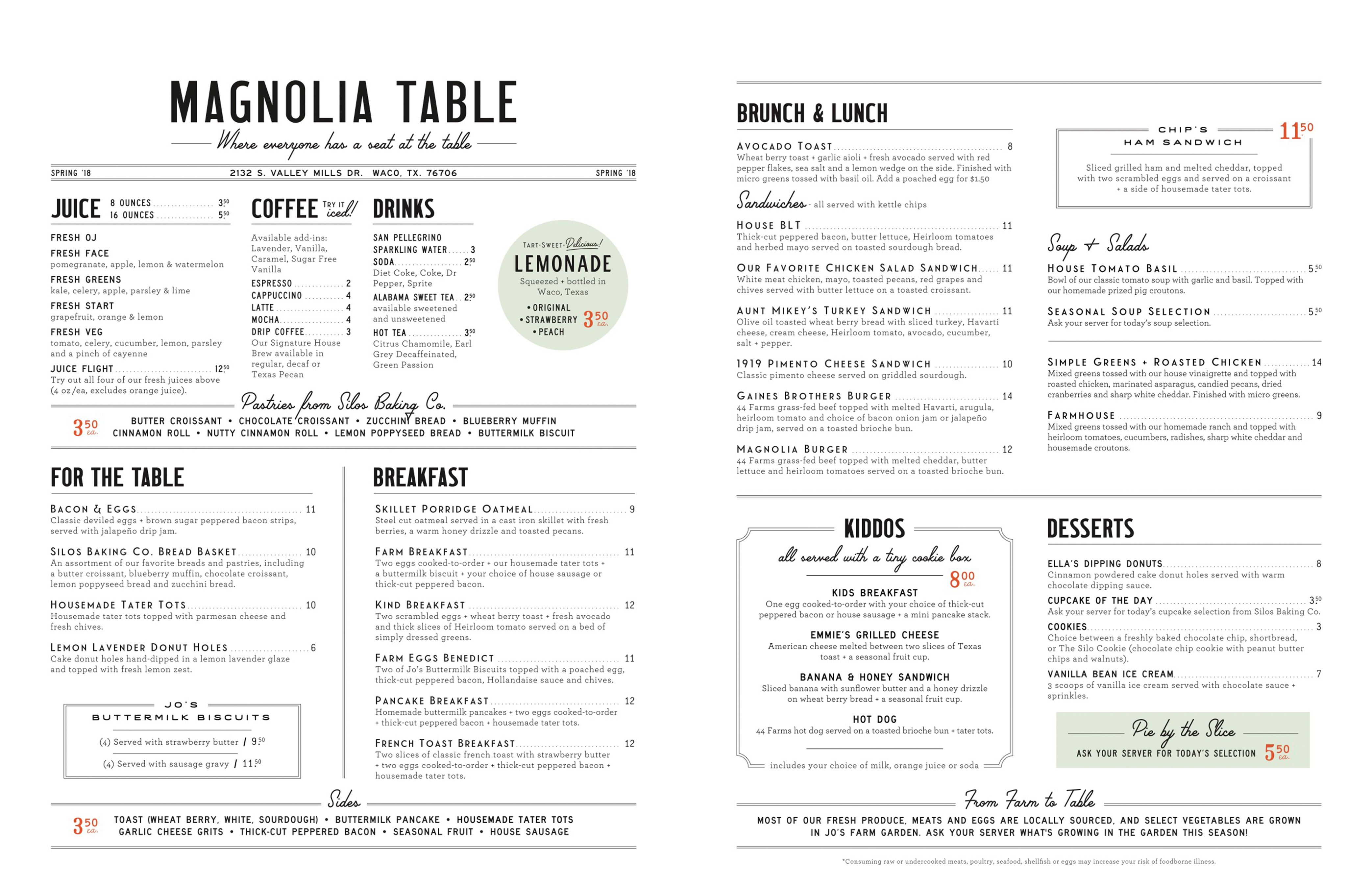 Menu for Magnolia Table restaurant in Waco by Chip and Joanna Gaines of Fixer Upper. #magnoliatable #menu #breakfast #restaurant