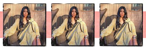 Clothing, Product, Yellow, Textile, Art, Outerwear, Visual arts, Sari, Beige, Pattern, 