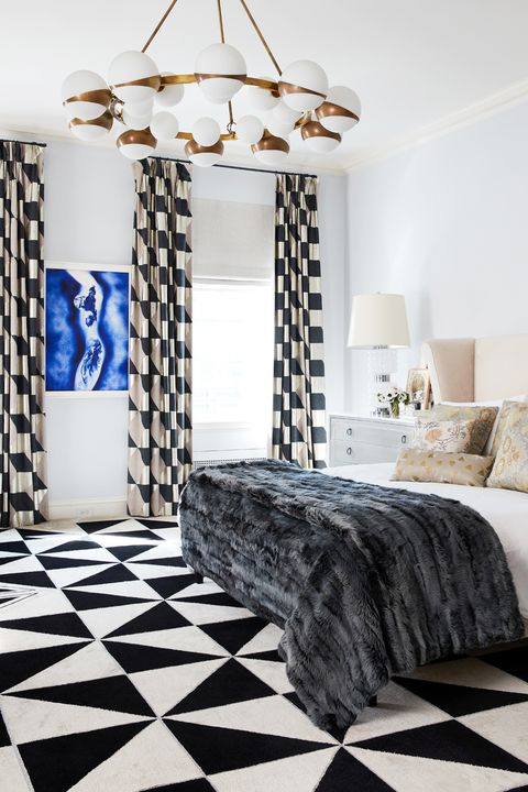 modern bedroom with black and white carpet