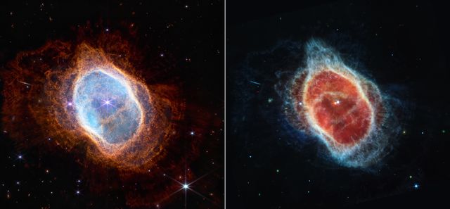 this side by side comparison shows observations of the southern ring nebula in near infrared light, at left, and mid infrared light, at right, from nasa’s webb telescopethis scene was created by a white dwarf star – the remains of a star like our sun after it shed its outer layers and stopped burning fuel though nuclear fusion those outer layers now form the ejected shells all along this viewin the near infrared camera nircam image, the white dwarf appears to the lower left of the bright, central star, partially hidden by a diffraction spike the same star appears – but brighter, larger, and redder – in the mid infrared instrument miri image this white dwarf star is cloaked in thick layers of dust, which make it appear larger the brighter star in both images hasn’t yet shed its layers it closely orbits the dimmer white dwarf, helping to distribute what it’s ejectedover thousands of years and before it became a white dwarf, the star periodically ejected mass – the visible shells of material as if on repeat, it contracted, heated up – and then, unable to push out more material, pulsated stellar material was sent in all directions – like a rotating sprinkler – and provided the ingredients for this asymmetrical landscapetoday, the white dwarf is heating up the gas in the inner regions – which appear blue at left and red at right both stars are lighting up the outer regions, shown in orange and blue, respectivelythe images look very different because nircam and miri collect different wavelengths of light nircam observes near infrared light, which is closer to the visible wavelengths our eyes detect miri goes farther into the infrared, picking up mid infrared wavelengths the second star more clearly appears in the miri image, because this instrument can see the gleaming dust around it, bringing it more clearly into viewthe stars – and their layers of light – steal more attention in the nircam image, while dust plays the lead in the miri image, specifically dust that is illuminated peer at the circular region at the center of both images each contains a wobbly, asymmetrical belt of material this is where two “bowls” that make up the nebula meet in this view, the nebula is at a 40 degree angle this belt is easier to spot in the miri image – look for the yellowish circle – but is also visible in the nircam imagethe light that travels through the orange dust in the nircam image – which look like spotlights – disappear at longer infrared wavelengths in the miri imagein near infrared light, stars have more prominent diffraction spikes because they are so bright at these wavelengths in mid infrared light, diffraction spikes also appear around stars, but they are fainter and smaller zoom in to spot themphysics is the reason for the difference in the resolution of these images nircam delivers high resolution imaging because these wavelengths of light are shorter miri supplies medium resolution imagery because its wavelengths are longer – the longer the wavelength, the coarser the images are but both deliver an incredible amount of detail about every object they observe – providing never before seen vistas of the universefor a full array of webb’s first images and spectra, including downloadable files, please visit httpswebbtelescopeorgnewsfirst images nircam was built by a team at the university of arizona and lockheed martin’s advanced technology centermiri was contributed by esa and nasa, with the instrument designed and built by a consortium of nationally funded european institutes the miri european consortium in partnership with jpl and the university of arizona