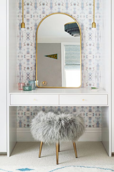 vanity table with wallpaper