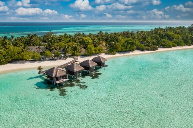 maldives paradise scenery tropical aerial landscape, seascape with long jetty, water villas with amazing sea and lagoon beach, tropical nature exotic tourism destination banner, summer vacation