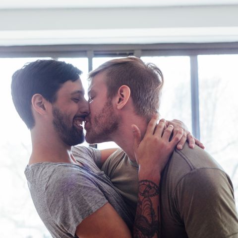 Male couple at home,fooling around, kissing and laughing