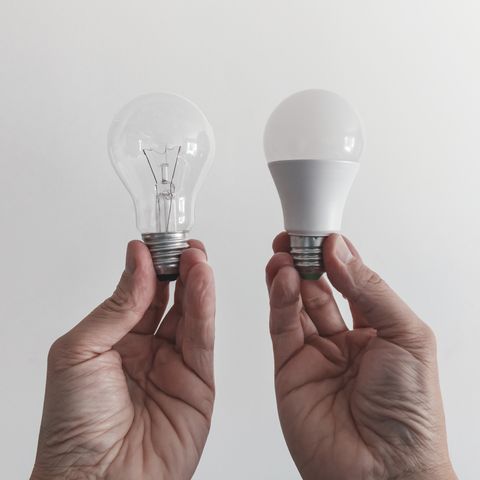 male hands hold an incandescent light bulb and a led lamp for comparison