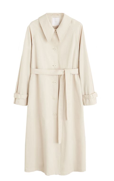 Clothing, Coat, Trench coat, Outerwear, Sleeve, Robe, Collar, Dress, Beige, Day dress, 