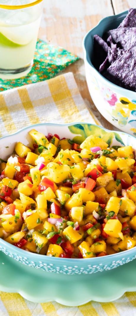 mango salsa with blue and yellow chips