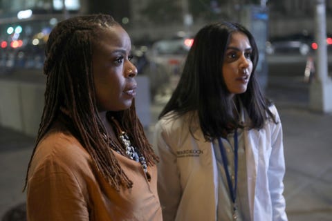 manifest season 1, mugga as bethany collins, standing next to parveen kaur as saanvi bahl