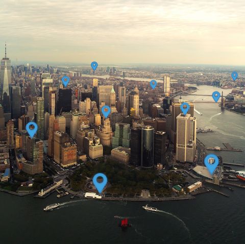 Map pin flat in New York city scape and network connection concept.