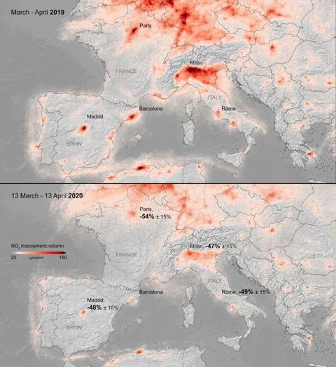 Mapa de la reducción de emisiones en Europa por la crisis del coronavirus